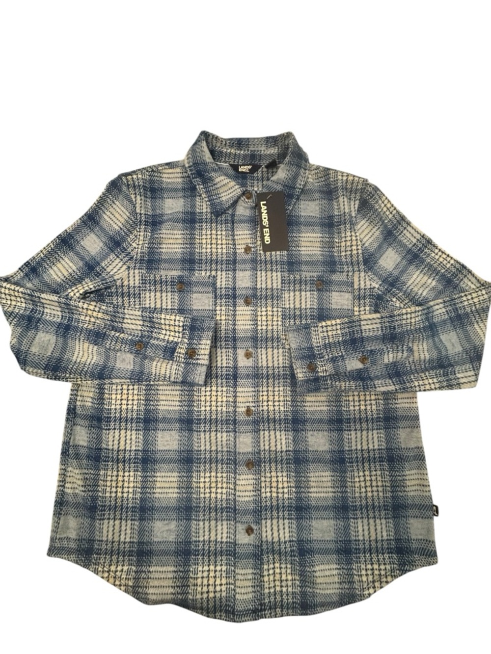 Lands' End Women’s Blue & Cream Plaid Button-Up Four Way Stretch Flannel M NWT